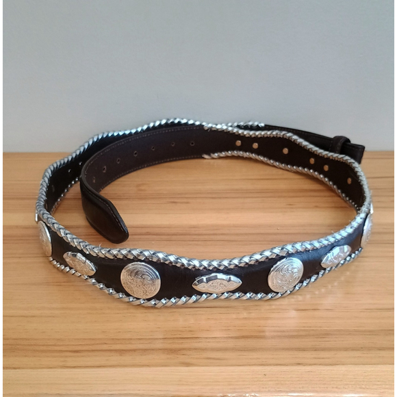 Western Brown Leather Scalloped Belt W/ Silver Conchos Braided Edge Mens 46 - Picture 2 of 10